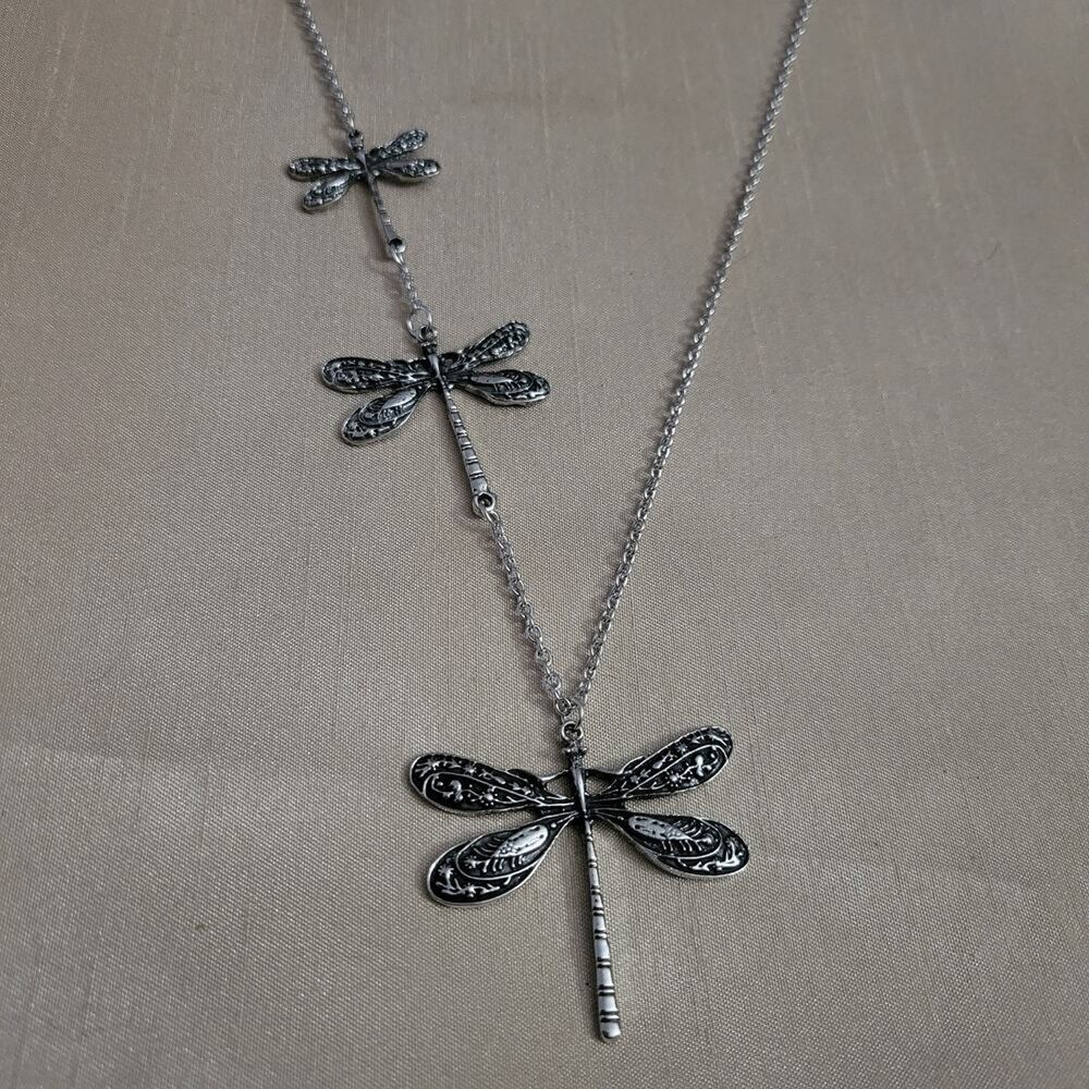 Asymmetrical 3 charm dragonfly boho necklace